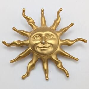 Vintage Gold Tone Sun Face Celestial Whimsigoth Boho Brooch Pin 2.6in